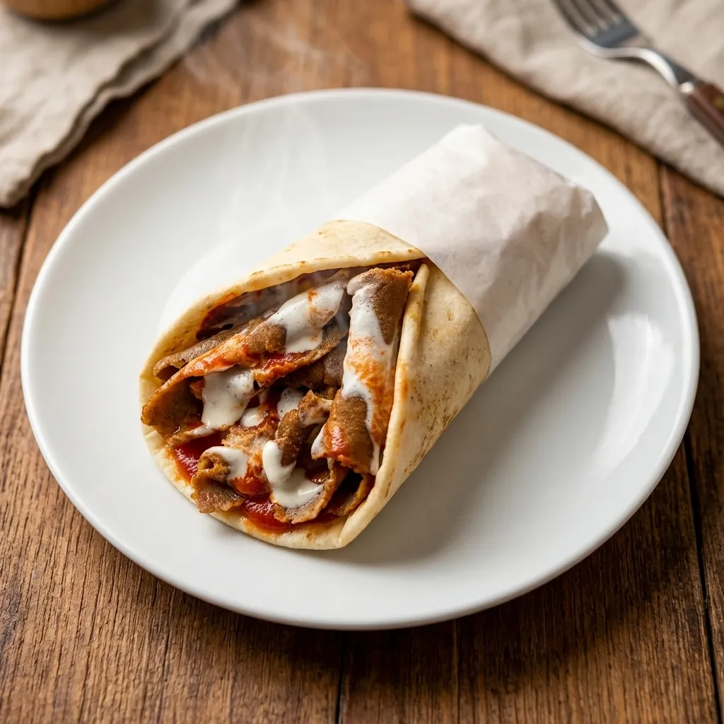 Beef donair wrap with fresh vegetables and garlic sauce at Dream Donair and Pizza in Argyll, Edmonton